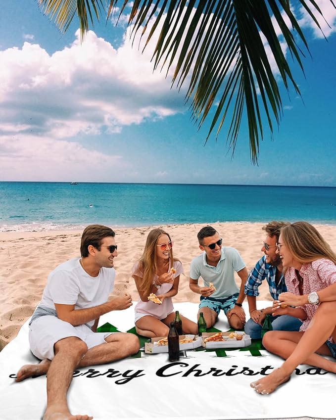 Beach Blanket Waterproof Sandproof OversizedMerry Christmas Buffalo Tree Plant Beach Mat with Corner Stakes Sand PocketsGreen Check Xmas Trees Outdoor Picnic Mat for Travel Camping Hiking 83x79In