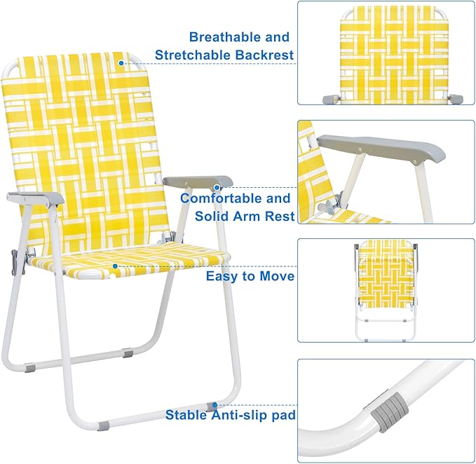 Bonnlo Foldable Patio Chair Set of 2 Heavy-Duty Steel Frame Supports 265 lbs/120 kg Ultra-Lightweight Portable for Travel Poolside Camping Beach(Yellow Weave)