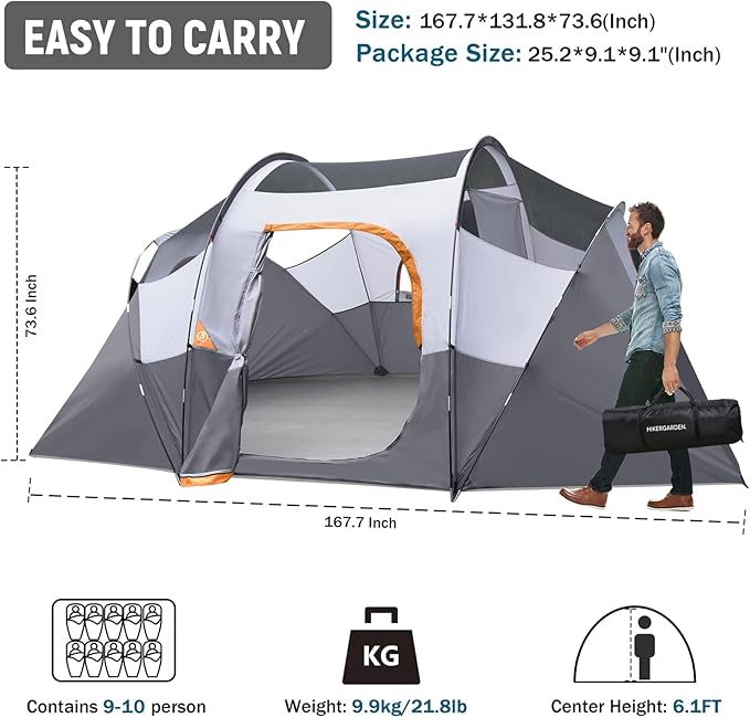 HIKERGARDEN 10 Person Camping Tent - Portable Easy Set Up Family Tent for Camp Windproof Fabric Dome Tent Outdoor for Hiking Backpacking Traveling-14'x11'x74in(H)