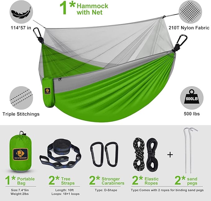 Camping Hammock with NetTravel Portable Lightweight Hammocks with Tree Straps and Solid D-Shape CarabinersParachute Nylon Hammock for Outsides Backpacking Beach Backyard Patio Hiking