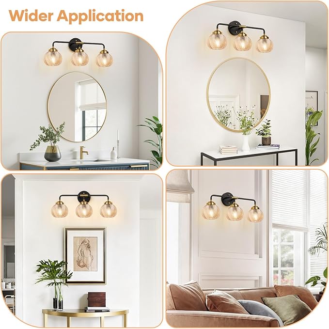 Bathroom Light Fixtures 3-Light Amber Vanity Lights with Unique Leaf Texture Glass Shade Modern Matte Black and Gold Bathroom Wall Lamp for Mirror Hallway Cabinet Living Room