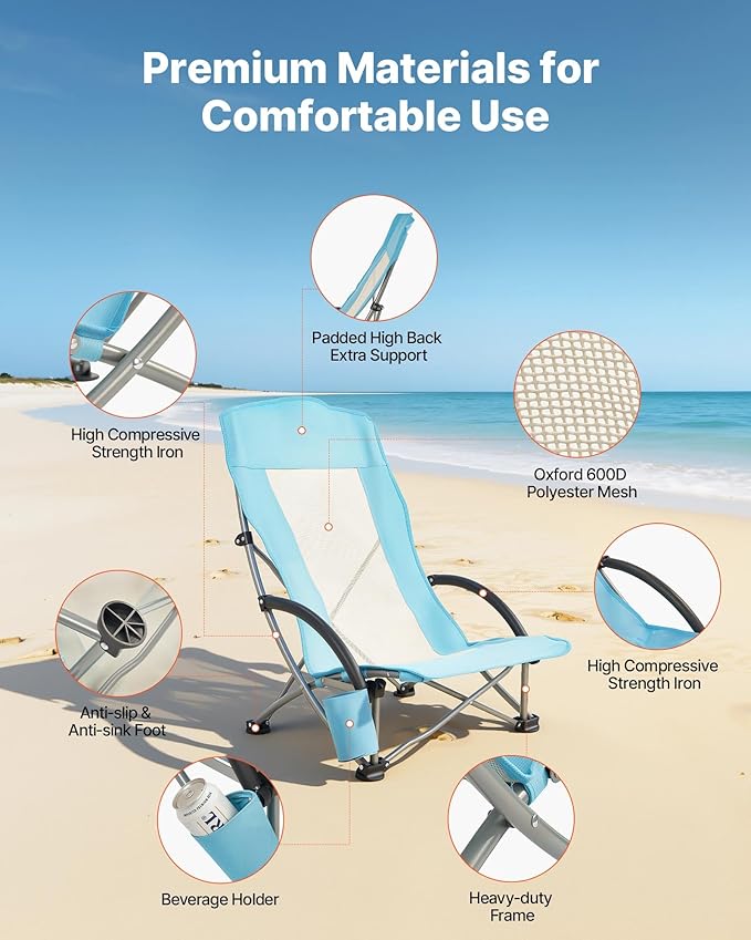 VEVOR Folding Beach Chair High Back Camping Chairs for Adults with Cup Pocket Mesh Back Carry Bag Portable Extra Wide Seat Chair 330 lbs Heavy Duty Support for Outdoor Camp Light Blue 2 Pack