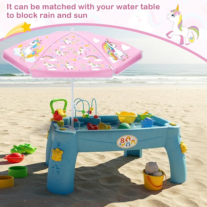 Sweetude Water Table Umbrella (Table Not Included) Kids Seaside Beach Umbrella Picnic Canopy for Summer Toddlers Sand Beach Camping Garden Outdoor Pool Shade Party Supply(Unicorn Theme)