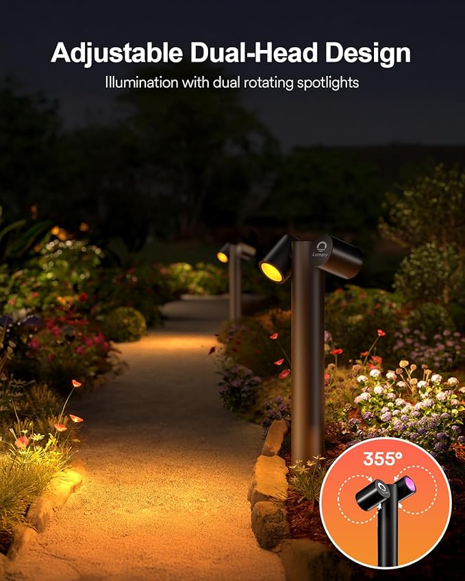 Lumary Smart Pathway Lights Pro 700LM RGBAICW Color Changing Landscape Lights with 8 Adjustable 355° Spot Lights IP65 Waterproof 48FT Wired Outdoor Landscape Lighting WiFi APP/Voice/Remote (4 Pack)
