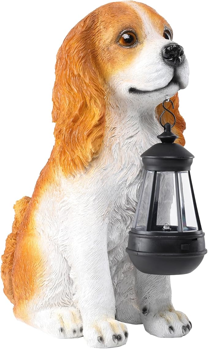 Afirst Dog Garden Statue - Outdoor Decor with Solar Lantern Valentine's Day Gift Lovely American Cocker Spaniel Figurine Patio Lawn Yard Art Ornaments Housewarming Gift