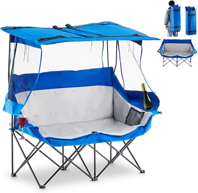 TUKAILAi Double Camping Chair with Canopy Shade Oversized Folding 2 Person Loveseat with Cup Holders and Side Pockets Portable Outdoor Couch for Beach Lawn Picnic Fishing (Blue + Grey)