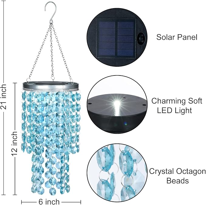 Hanging Solar Crystal Chandelier Outdoor 21” Modern Solar Blue Acrylic Beaded Lantern with Cool White LED S Hooks for Garden Yard Patio Gazebo Outside Decor