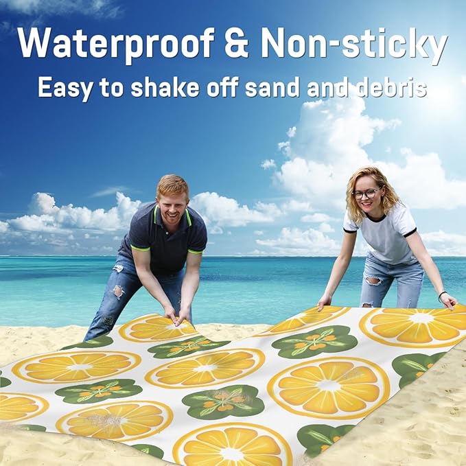 Waterproof Sandproof Beach Blanket 59''×68'' Citrus Slices Polyester Outdoor Picnic Blanket with 4 Stakes &amp Storage Bag for BeachCampingVacation White