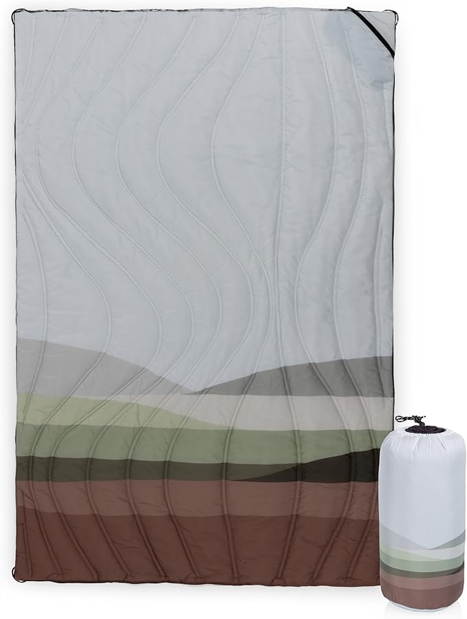 Picnic TIME Aura Outdoor Puffer Blanket Water-Repellent Puffy Printed Picnic Blanket for Camping and Park Large Cozy Outdoor Mat with Drawstring Bag Corner Loops and Pocket (Afternoon Fields)
