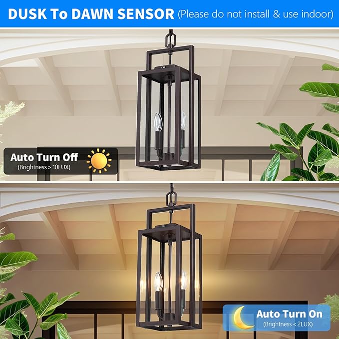 17.8'' Large Dusk to Dawn Outdoor Pendant Light 2-Light Modern Brown Metal Outside Chandelier Exterior Hanging Fixture Ceiling Mount with Clear Glass for Front Porch Entrance Entryway 1 Pack