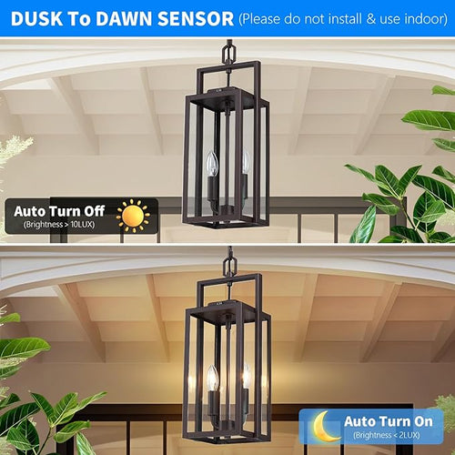 17.8'' Large Dusk to Dawn Outdoor Pendant Light 2-Light Modern Brown Metal Outside Chandelier Exterior Hanging Fixture Ceiling Mount with Clear Glass for Front Porch Entrance Entryway 1 Pack