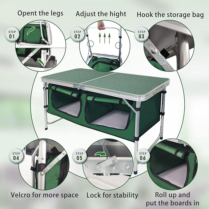 CampLand Outdoor Folding Table Aluminum Lightweight Height Adjustable with Storage Organizer for BBQ Party Camping