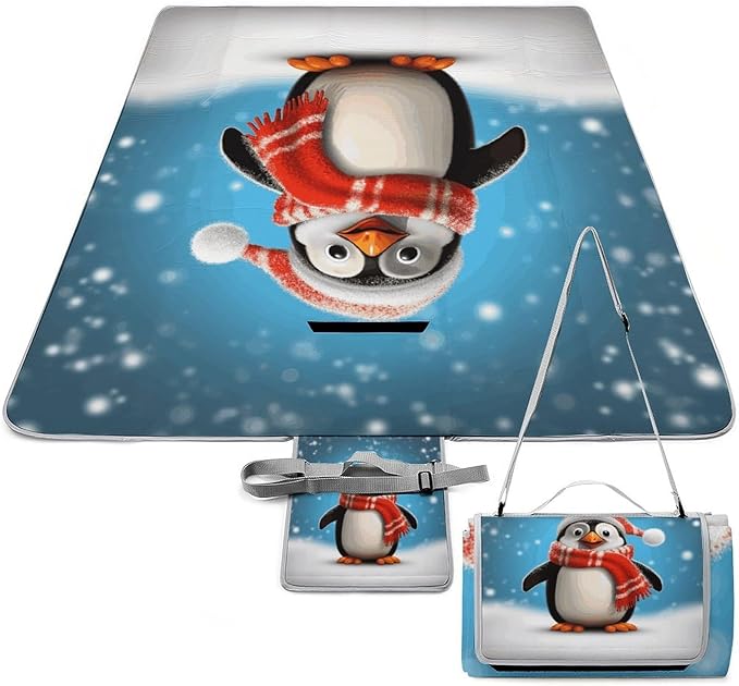 Christmas Funny Penguin Beach BlanketPortable Waterproof Picnic Blanket58.3''x 58.3'' Extra Large Picnic Mat for BeachCamping Grass Lawn Park Accessorie for Festival BBQ