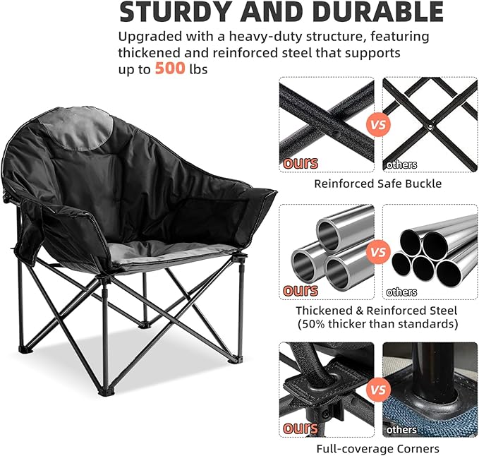 Oversized Camping Chair 2 PCS Padded Moon Saucer Chair with Cup Holder &amp Carry Bag Heavy Duty 500lbs Capacity Folding Outdoor Lounge Chair for Lawn Patio Sports - Black &amp Gray