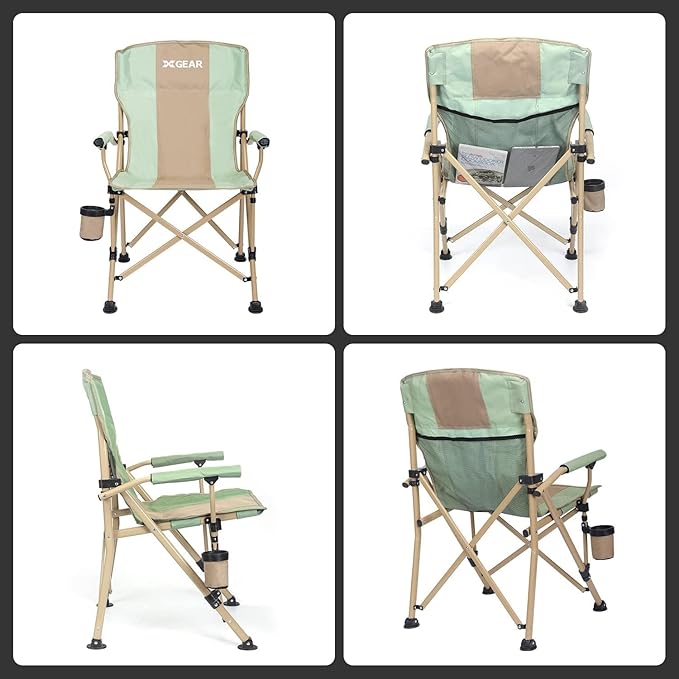 XGEAR Camping Chair Hard Arm High Back Lawn Chair Heavy Duty with Cup Holder for Camp Fishing Hiking Outdoor Carry Bag Included