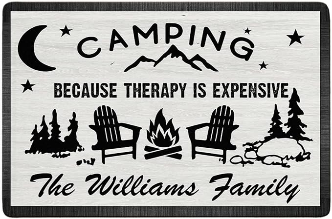 Personalized Welcome To Our Campsite Doormat - Custom Text &amp Family Name Camping Because Therapy is Expensive Door Mat RV Accessories for Inside Outside Camper Decorations Welcome Motorhome Gift