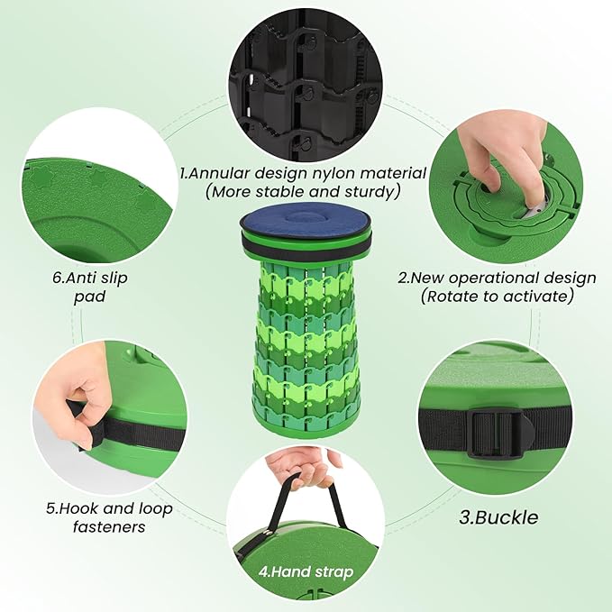 2 Pack Upgraded Folding Stool 19.7 Collapsible Stool Height Max Weight 1000lbs Portable Telescoping Seat with Cushion and Storage BagRetractable Folding Chair for Camping Hiking Outdoor BBQ-Green