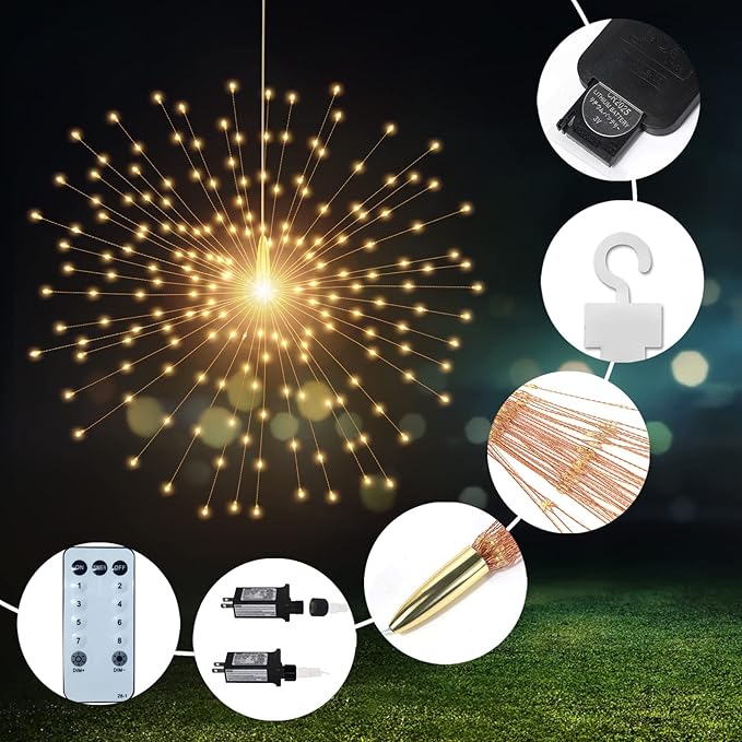 4 Pack 800 LED Plug in Starburst Sphere LightsFirework Light 8 Modes Dimmable Remote ControlWaterproof Copper Wire Hanging Fairy Lights for Patio Parties Tent Christmas (Warm White)