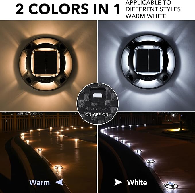 AGPTEK Solar Driveway Lights Outdoor 4 Pack 2 Color Modes LED Deck Dock Marine Waterproof Driveway Marker Lights for Step Sidewalk Stair Garden Pathway Walkway Yard (Warm White/Cool White Black)