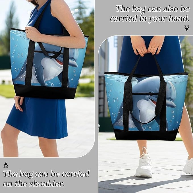Insulated Shopping BagLarge Reusable Cooler Bags Baby Dolphin Printed Foldable Shopping BagTravel Waterproof Shoulder Bag