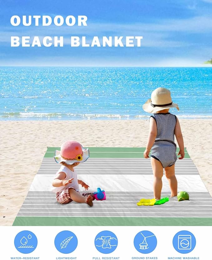 Beach Blanket Waterproof Sandproof Picnic Blanket 83x79 Foldable Beach Mat with Stripe Gradient Simple Fruit Green Gray Pattern for Camping Park Grass Beach Travel