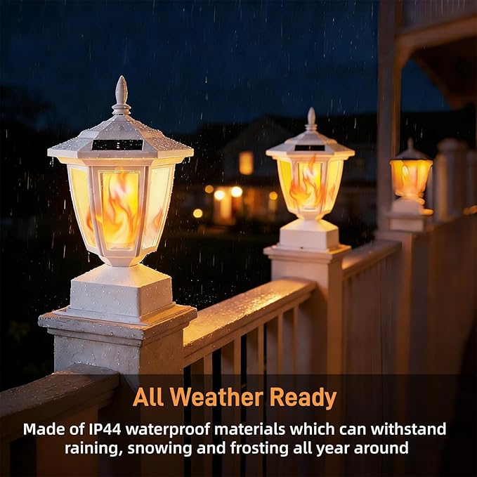 Dynaming 2 Pack Solar Flame Post Lights Outdoor Solar Powered Lamps Fence Post Cap Lights Flickering Flame LED Lantern Waterproof for Garden Deck Patio Fit 4x4 5x5 or 6x6 Wooden Posts White Shell