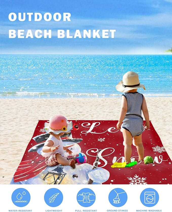 Beach Blanket Waterproof Sandproof Christmas Snowman with Red Bird Quick Drying Beach Mat with 4 Stakes Winter Snowflake on Red Lightweight Picnic Blanket for Travel Camping Outdoor 83x79