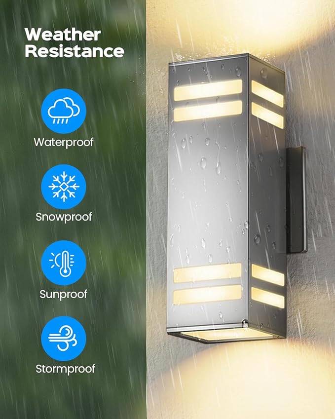 KIZON Modern Dusk to Dawn Outdoor Wall Light Stainless Steel Up and Down Sconce with E26 Base Includes 3000K Bulbs Waterproof Exterior Lighting Fixture for House Porch Garage Entryway
