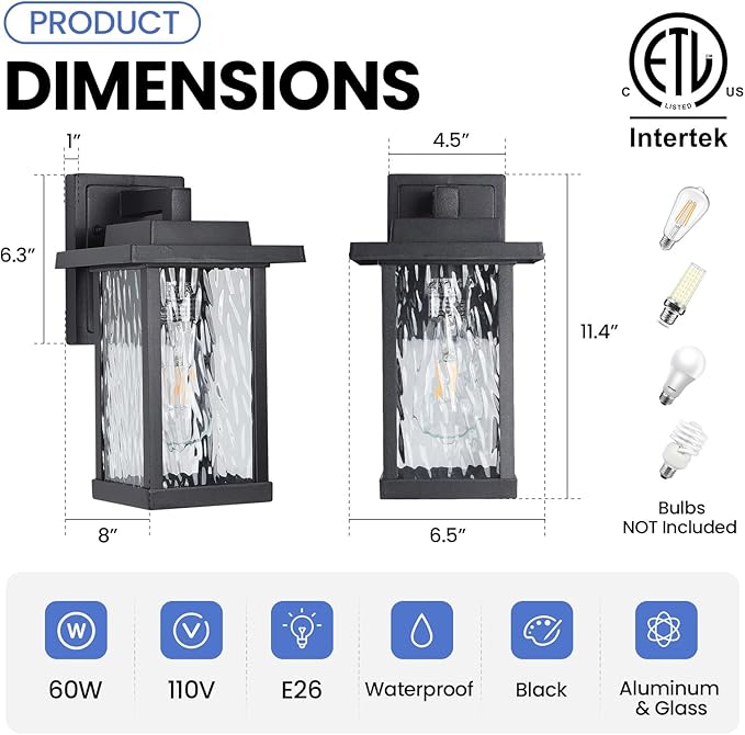 Outdoor Wall Sconce Outside Porch Light Fixtures Wall Mount Anti-Rust Exterior Wall Lights in Wood Grain Finish &amp Black Finish with Water Ripple Glass for Garage Doorway Entryway