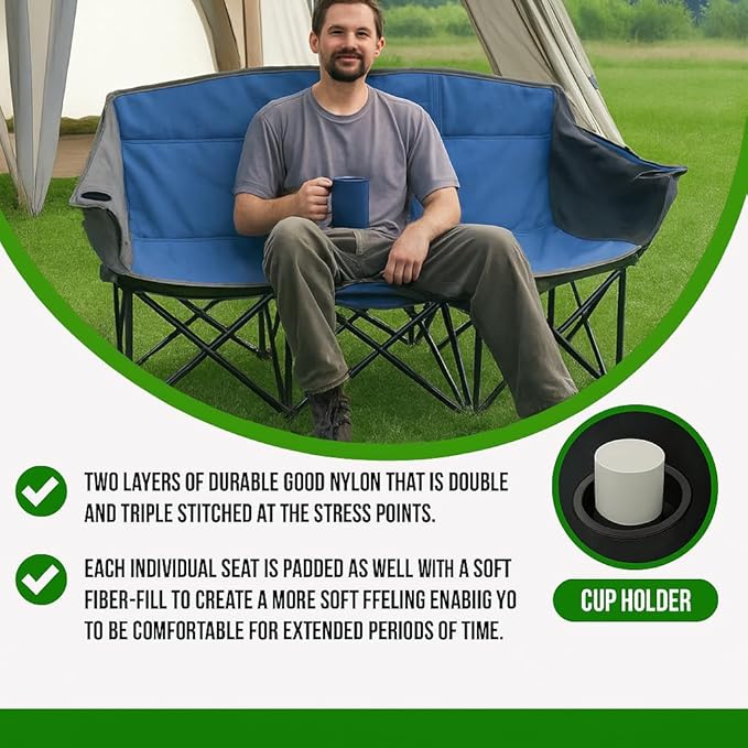 GoTEAM! Portable Folding Bench Couch – 3 Seat Collapsible Outdoor Chair with Cup Holders &amp Carry Bag – Heavy Duty 600D Nylon for Camping Sports Tailgating Beach &amp Backyard (Blue/Gray)