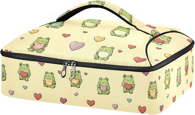 Casserole Carrier Green Frog Holding Colorful HeartInsulated Casserole Carrier for Hot or Cold Food Thermal Lunch Tote for Potluck Parties Picnic Beach Fits 9 x 13 Inches Baking Dish