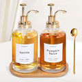 Coffee Syrup Dispenser for Coffee Bar 16.9oz 500ml Glass Syrup Dispenser w Golden Coffee Scoop Coffee Syrup Pump Dispenser w 36 Labels and Bamboo Tray Coffee Syrup Bottles with Golden Pump 2PCS