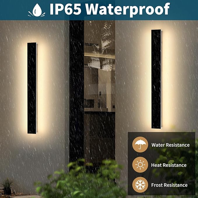 2 Pack 39.3inch Modern Outdoor Wall Sconce 3 CCT 3000K/4500K/6000K IP65 Waterproof Long Strip Exterior Light 36W Black Outside Garden Lighting for Porch Patio Fence Yard