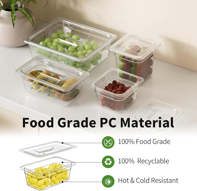 1/4 4'' 6 Pack Plastic Food Pans With Lids Clear Food Pan Commercial Stackable Polycarbonate Freezer-Safe for Fruits Vegetables Restaurant Kitchen