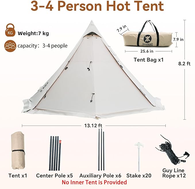 Hot Tent with Stove Jack 4 Season 3-4 Person Tipi Tent for Camping 8.2ft Standing Room with Snow Skirt Cold Weather Shelter for Family Fishing Hiking Hunting Backpacking