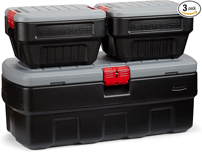 Rubbermaid ActionPacker️ 48 Gal with 8 Gal Containers Nested Lockable Storage Bins Industrial Rugged Storage Container Bundle with Lids