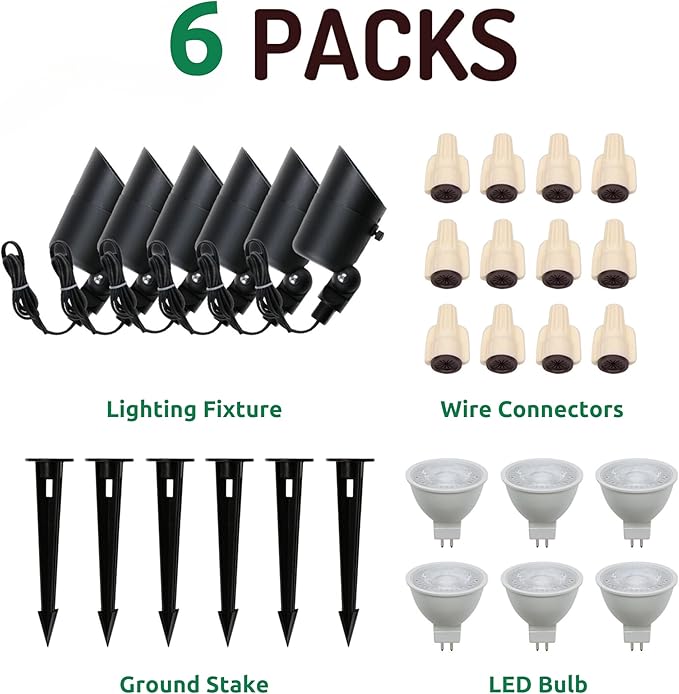 Lumina Lighting® 4W Landscape Lighting 12V Landscape Lights Low Voltage Landscape Spotlights Warm White Waterproof Outdoor Replaceable LED Bulb for Garden Lawn Porch Patio and Yard (Black 6-Pack)