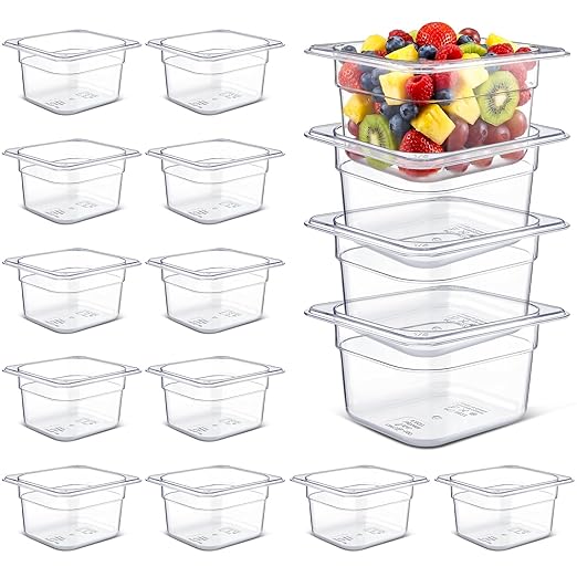 Rtteri 22 Pcs 1/6 Size Clear Plastic Pans Set: 16 Food Prep Containers &amp 2 Tongs &amp 4 Spoons for Salad Bar Buffet Restaurant Hotel Commercial Home for Fruit Vegetable Sauce Bean Corn Deli(4 Inc