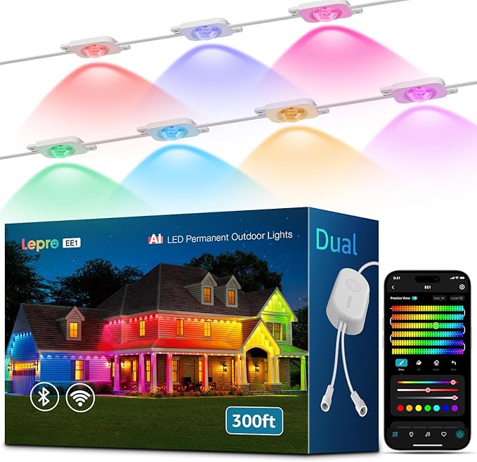 Lepro EE1 AI Permanent Outdoor Lights with Dual-Output 300ft 180 LED RGB+IC Smart Outside Light for House Christmas DecorAlexa Google Enabled 2.4 GHz WiFi/Bluetooth APP Control No Remote Controller