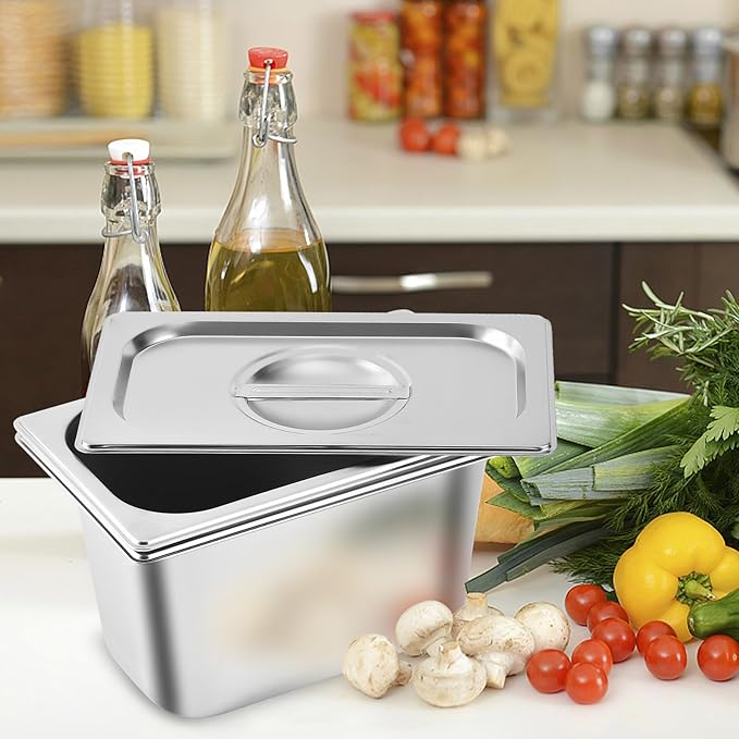 8 Pack 1/3 Size Hotel Pans with Lids 6 Inch Deep 1.2mm Thick Commercial Stainless Steel Chafing Steam Table Pan Catering Storage Metal Food Pan