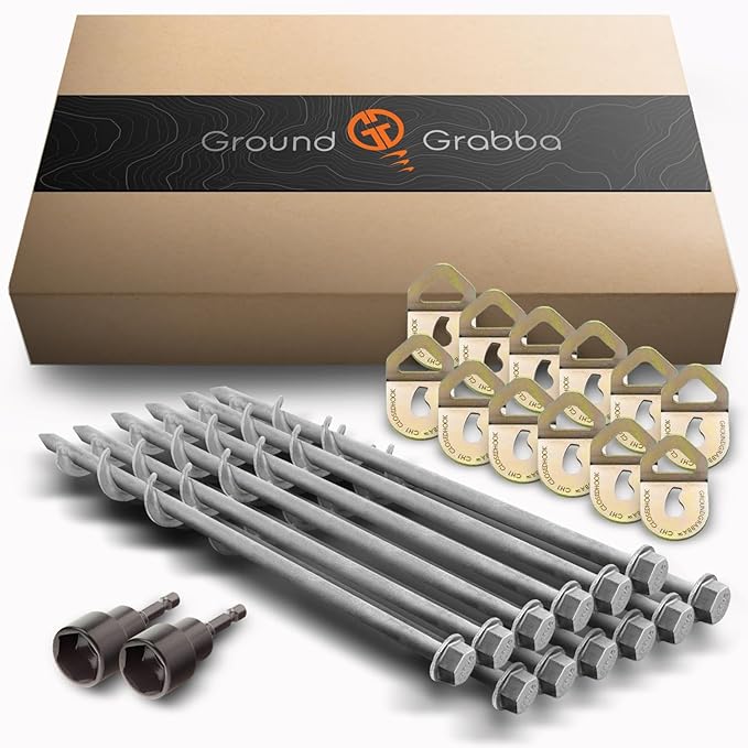 GROUNDGRABBA Screw in Tent Stake for Normal to Hard Ground | Premium Drill Driven Ground Anchor Earth Screws | 12X Pro Stakes (1 Foot) 12X GroundGrabba Closed Hooks 1X 5/8 Hex Socket Driver
