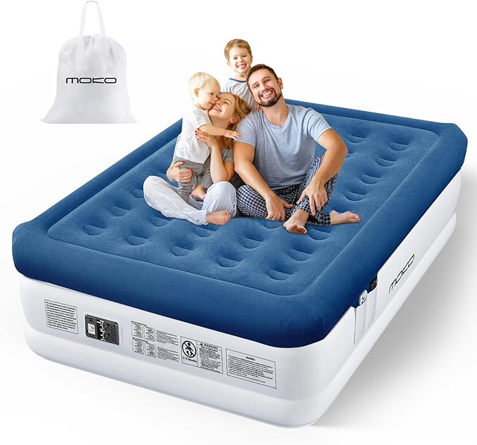 MoKo Air Mattress Queen with Built in Pump 18'' Luxury Inflatable Mattress 3 Min Fast Blow up Mattress with Dual-Chamber Comfort Top - Velvety Air Bed for Home Camping Travel Guests White/Blue