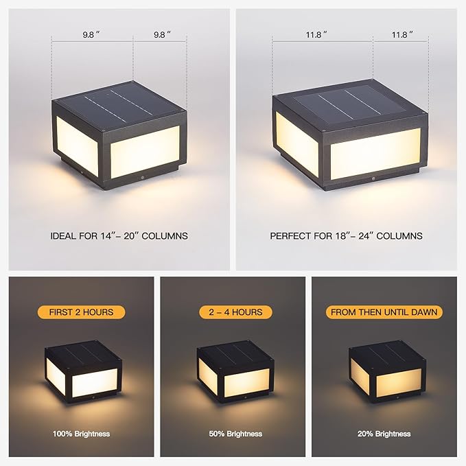 Solar Post Lights 9.8 Modern Pillar Lights Outdoor Dusk to Dawn Column Light Waterproof 3000K Square Lamp Fence Posts Cap LED Light Landscape Lighting for Patio Garden Deck Outside Columns