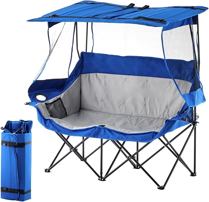 Outdoor Folding Chair with Umbrella Camping Chairs Loveseat Double Oversized Outdoor Chair with Cup Holder&ampCanopy Shade for BBQ Beach Fishing Easy Fold and Carry (Blue+Grey)