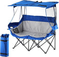 Outdoor Folding Chair with Umbrella Camping Chairs Loveseat Double Oversized Outdoor Chair with Cup Holder&ampCanopy Shade for BBQ Beach Fishing Easy Fold and Carry (Blue+Grey)