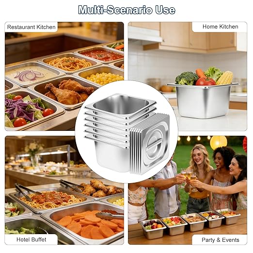 6 Pack 1/6 Size Hotel Pans 4 Inch Deep with Lids Stainless Steel Steam Table Pan with Lids Commercial Food Pans for Hotel Home Restaurant Catering Buffet Pan