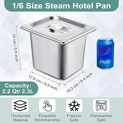 8 Pack Stainless Steam Hotel Pan 6 Deep Steam Table Pan with Lid 0.8 mm Thick Stainless Steel Restaurant Anti Clogging Steamer for Party Restaurant Hotel(1/6 Size)
