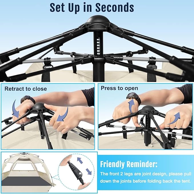 WhiteFang Deluxe Pop Up Beach Tent Sun Shade Shelter for 3-4/5-6 Person UV Protection Extendable Floor with 3 Ventilating Windows Plus Carrying Bag Stakes and Guy Lines
