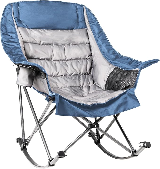 Oversized Rocking Camping Chair for Adults - Heavy-Duty 400lbs Capacity Portable Folding Camp Chair with Side Pocket Fully Padded Outdoor Rocking Chair for Camping (Light Blue &amp Gray)
