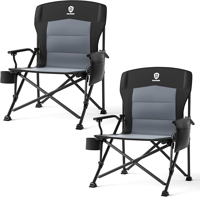 EVER ADVANCED Oversized Folding Camping Chair for Adults Heavy Duty Lawn Chair with Side Pockets Portable Collapsible Quad Chair for Outside Support Up to 500lbs Black 2PACK